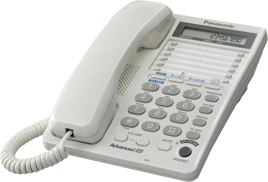 Panasonic 2-Line Integrated Corded Telephone System with 16-Digit LCD, Speakerphone, Clock, Hearing Aid Compatibility and 3-Way Conferencing - KX-TS208W (White)