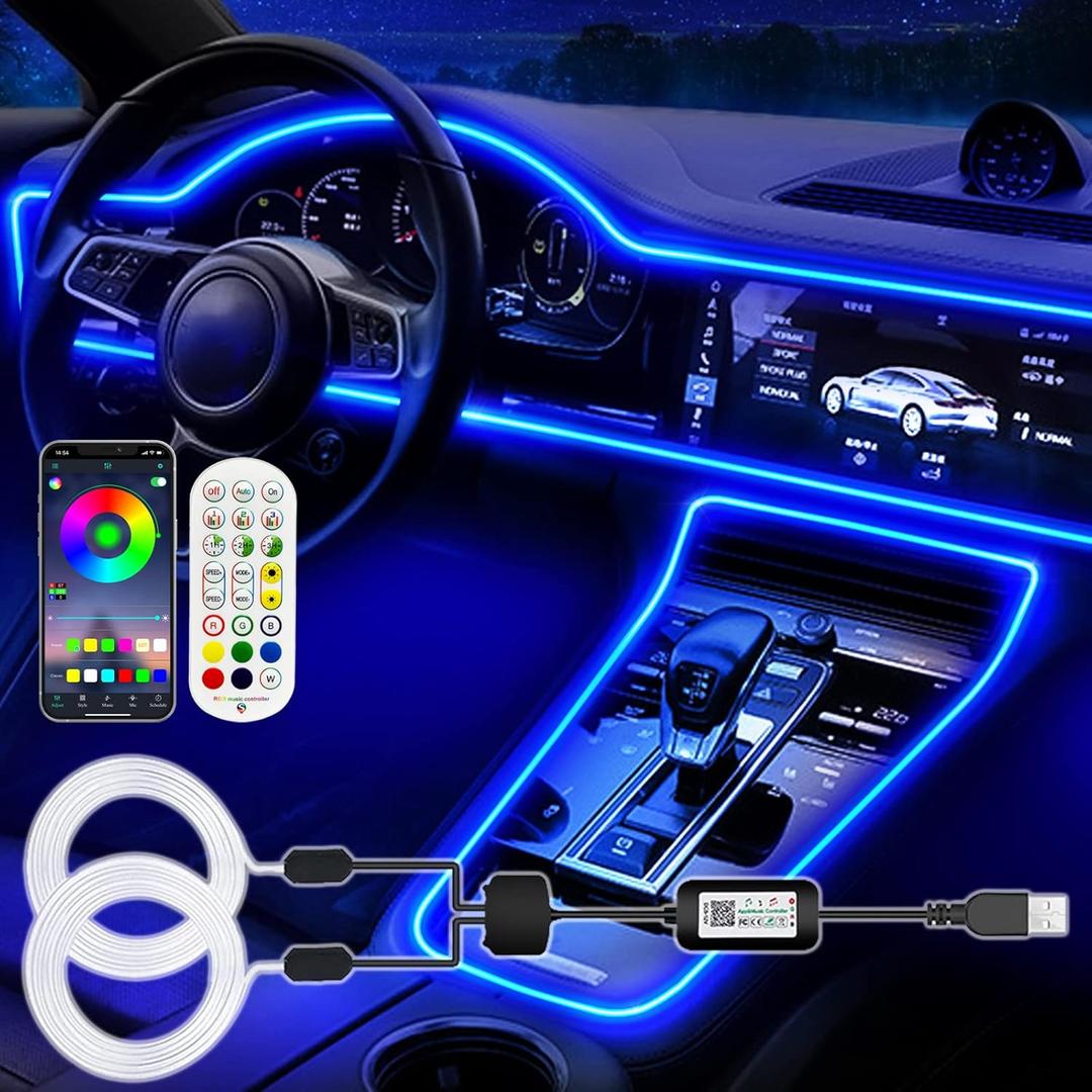 Interior Car LED Strip Lights, RGB USB Ambient Lighting with Fiber Optic, EL Wire Car Accessories (2 in 1)