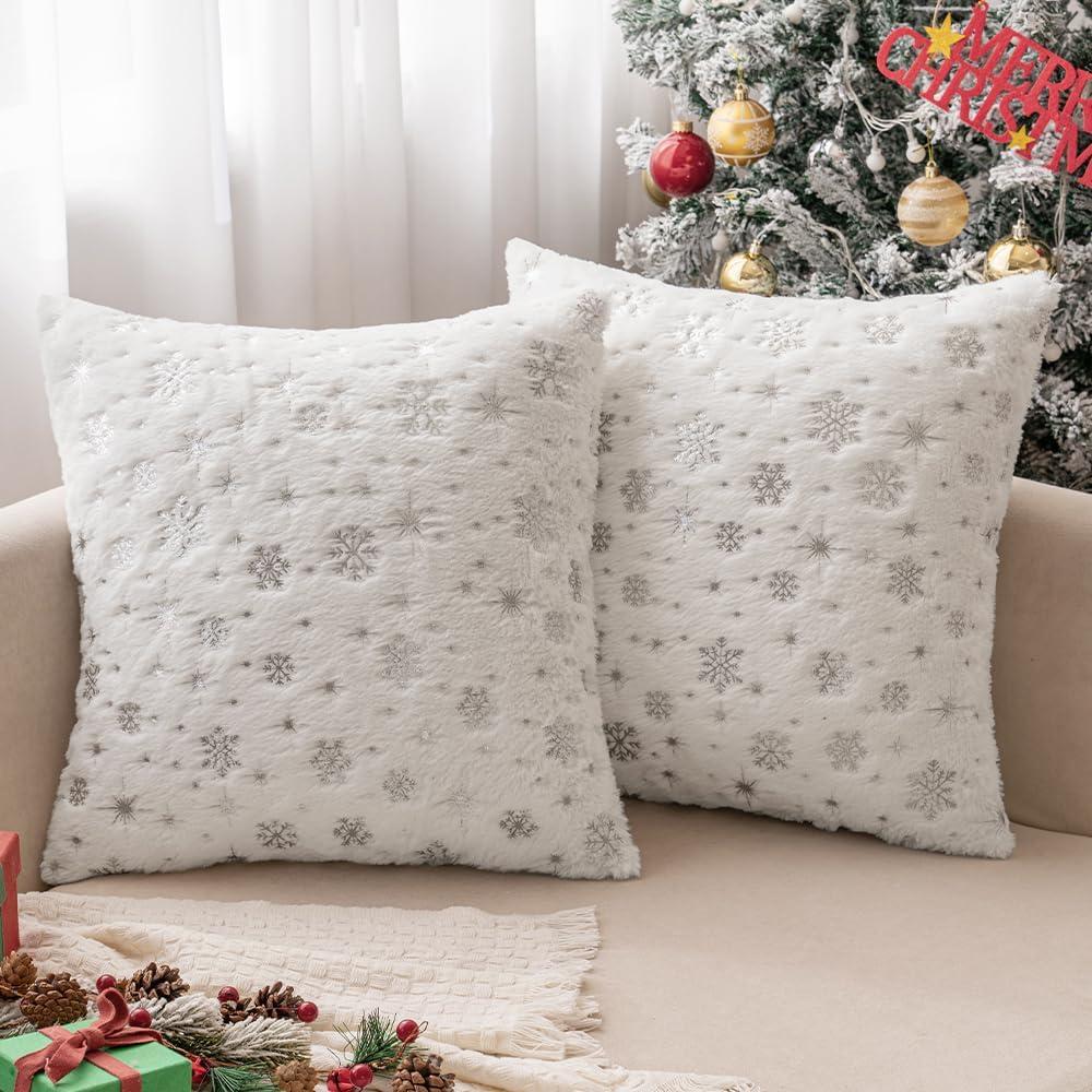 MIULEE Set of 2 Christmas Decorative Throw Pillow Covers Soft Faux Fur Winter Pillow Covers with Silver Snowflake Glitter Holiday Festival Pillowcases for Couch Sofa Bed, 2020inch, Ivory
