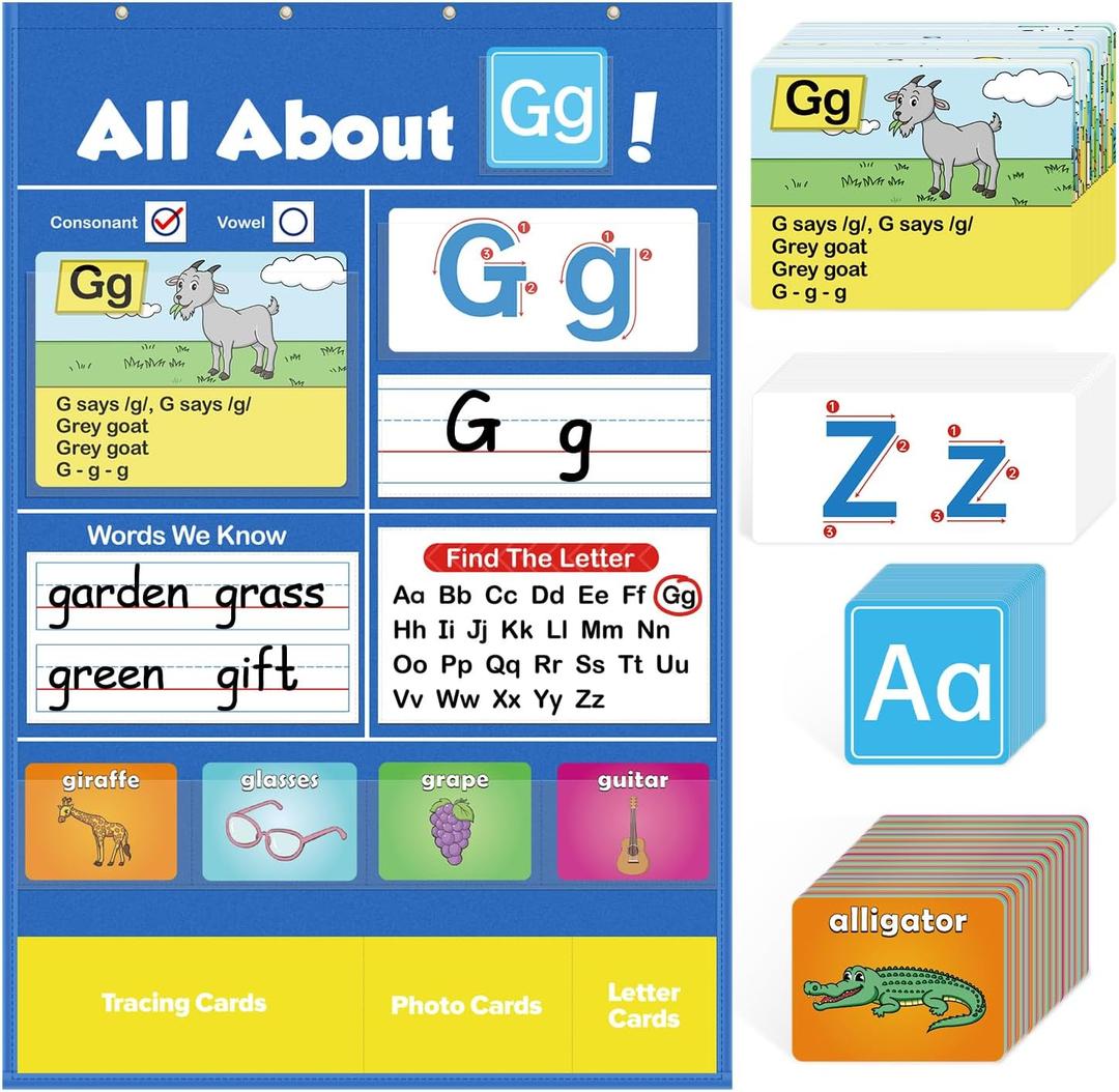 Torlam Alphabet Learning Pocket Chart Alphabet Wall Chart ABC Flash Cards Learning Games, Handwriting Practice Letter Tracing for Kids Homeschool Preschool Kindergarten Learning Activities Must Haves