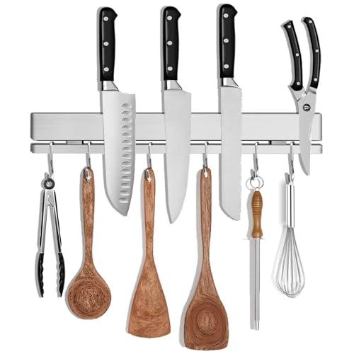 12 Inch Magnetic Knife Holder for Wall, Adhesive Knife Magnetic Strip No Drilling with 6 Hooks, Powerful Magnetic Knife Strip, Magnetic tool Holder for Kitchen Knives & Utensils (Silver)