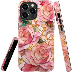 Case for iPhone 13 Pro,Rose Blooming Pink Aesthetic Phone Case Slim Silicone Shockproof Cover for Girls WomenGlossy & Durable