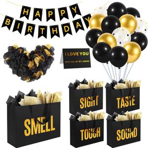 5 Senses Gift Bags For Him Her With Labels Tissue Paper and Handles, Comes With Birthday Decoration Rose Petals and Happy Birthday Banner Balloons for Christmas (Black Gold, 12.6 x 8.7 x 4 inch)