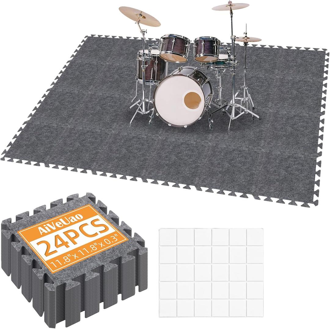 24Pcs Sound Absorbing Interlocking Floor Mats, 11 x 11 x 0.3 Inch High Density Piano Carpet Drum Rug, Non-Slip Anti Vibration Soundproof Pads, Grey