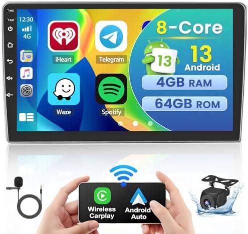 【8 Core 4+64GB】 10.1 Inch Wireless Carplay Android Auto Double Din Car Stereo Touchscreen Car Radio Head Unit GPS WiFi 5.0 Bluetooth 32EQ DSP SWC Mic Backup Cam