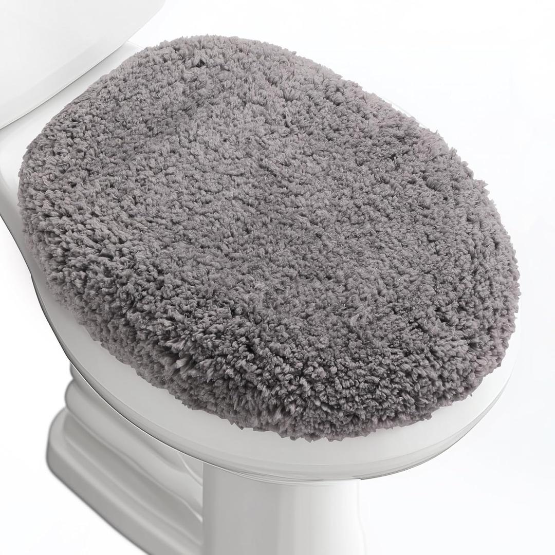 Microfiber Elongated Toilet Seat Cover 19.5"x 15" Machine Washable Solid Toilet Lid Cover Adjustable Rubber Backing Fits Only 18-19.5" L x 14-16" W Elongated Toilet Seat (Gray)