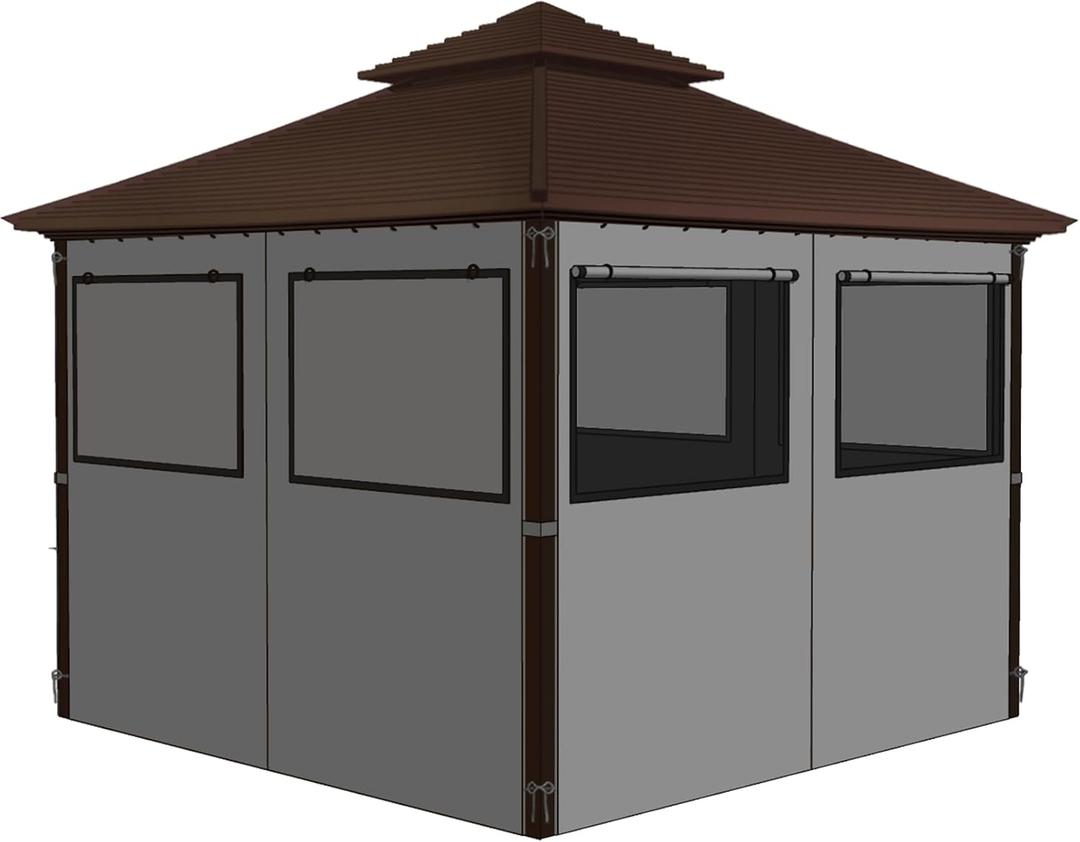 homegroove Gazebo Universal Replacement Privacy Curtain, 10'x10' Gazebo Curtains Outdoor Waterproof, 4-Panels Sidewall Curtains with Zipper and Mesh Windows for Backyard, Garden, Yard (Grey)