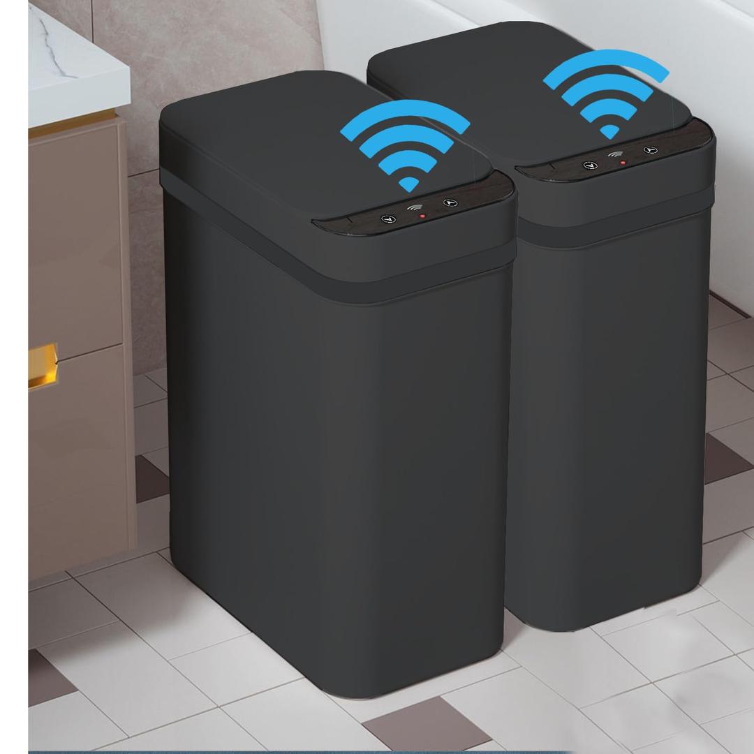 2 PACK - Touchless Bathroom Trash Can - Skinny Motion Sensor Trash Bin
Smart Trash Can with Lid - Electric, Narrow, Plastic, Auto Open - Small Slim Automatic Garbage Can ( Black )