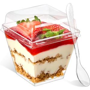 Qeirudu 50 Pack 7 oz Dessert Cups with PET Lids and Spoons, Mini Plastic Yogurt Parfait Cups Square Party Serving Cup for Banana Pudding, Appetizer, Fruit and Ice Cream (7 oz)