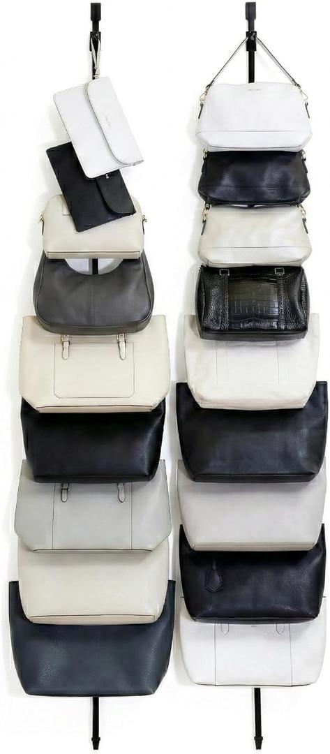 Perfect Curve Handbag and Purse Organizer | Hold up to 18 Bags | Over The Door Organizer for Purses and Handbags | Adjustable Clips | 2 Straps | Black