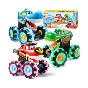 JOYIN 3 Pack Monster Truck Toy - Motion Activated Light Up Cars for Toddlers - Monster Glow Rover LED Wheels - Baby Boy Toys - Press and Go Dinosaur Trucks for Kids Valentines Day Boy Birthday Gifts