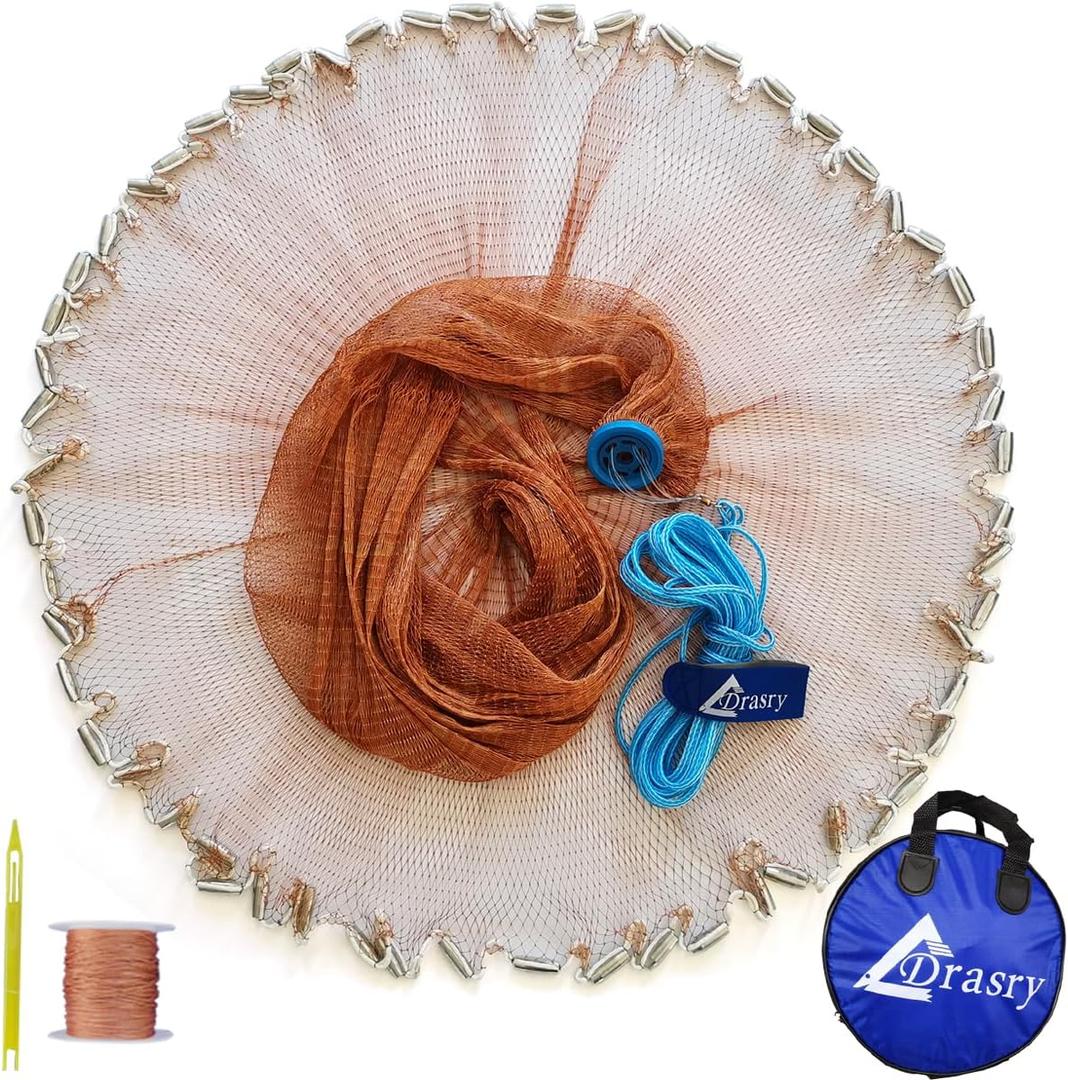 Drasry Saltwater American Fishing Cast Net 3/8inch Mesh Size for Bait Shrimp Trap Fish Heavy Duty Sinkers Throw Net 6' Radius