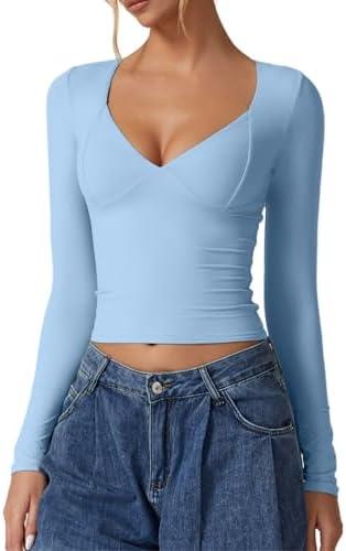 QINSEN Women's Long Sleeve V Neck T Shirts Double Lined Crop Top Seamed Cup Going Out Tops XS