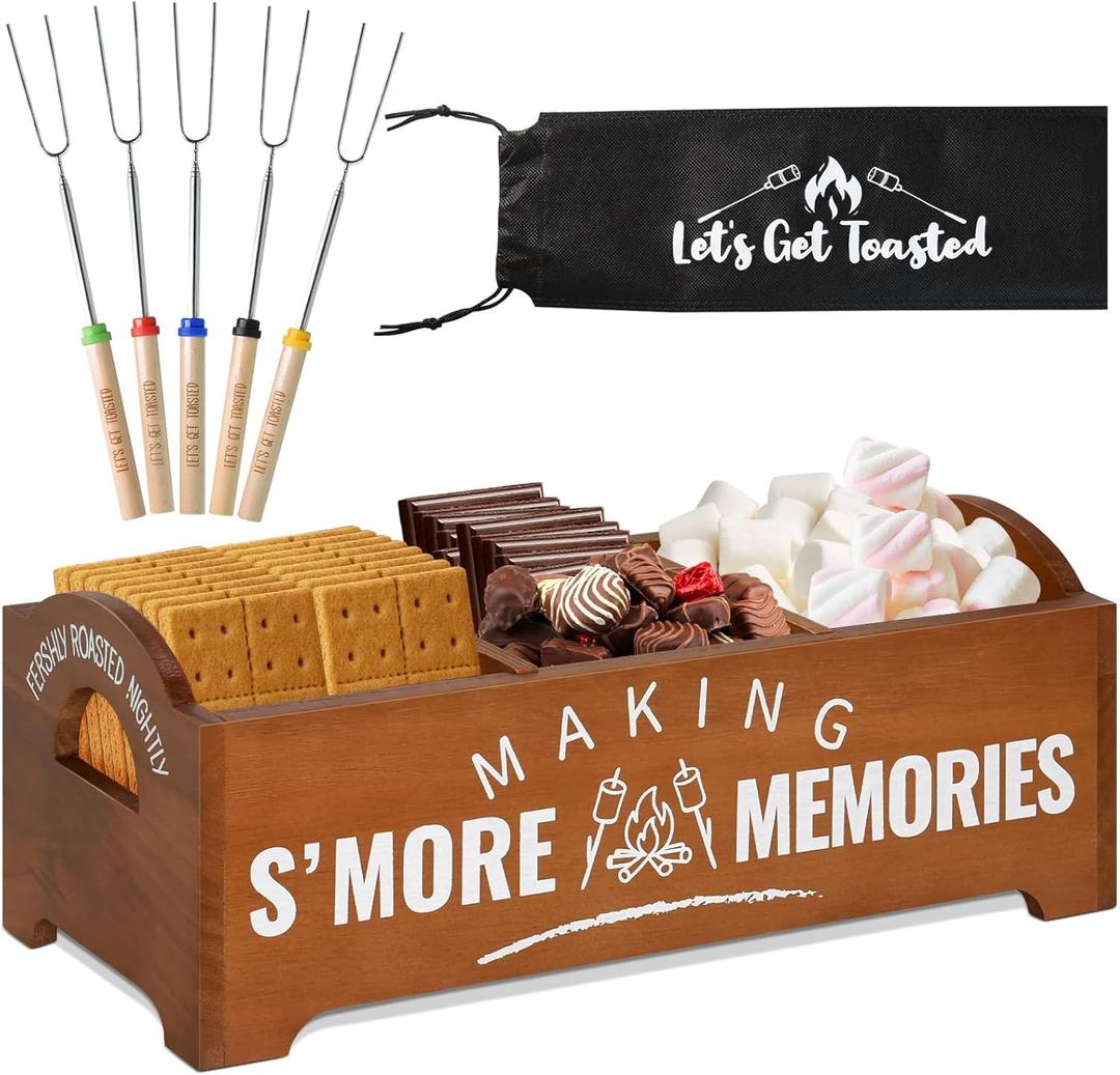 Smores Kit, S'Mores Station with 5 Extendable Marshmallow Roasting Sticks, Farmhouse Smores Caddy with Handles, Wood Smores Maker Box, Camping Bonfire Accessories, Smores Kit for Fire Pit Outdoor (Brown)