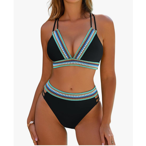 Blooming Jelly Womens High Waisted Bikini Sets Color Block Two Piece Swimsuit V Neck Crisscross Back Bathing Suit,Medium