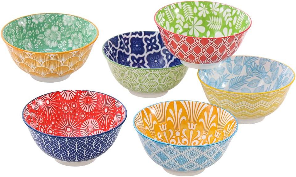 Cereal Bowl Porcelain Soup Bowls - Ceramic Bowl Set Kitchen 23 oz - 6 Inch Deep Colorful Bowls for Serving Breakfast | Oat | Oatmeal | Ramen | Pho | Noodle - Microwave and Dishwasher Safe - Set of 6