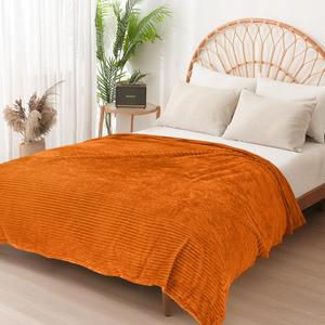 Vessia Flannel Fleece Twin Size Blanket for Bed,Couch,Sofa(60x80inch), 300GSM Microfiber Burnt Orange Striped Bed Blanket for Adults, Super Soft Warm Cozy Lightweight Ribbed Decor for All-Season