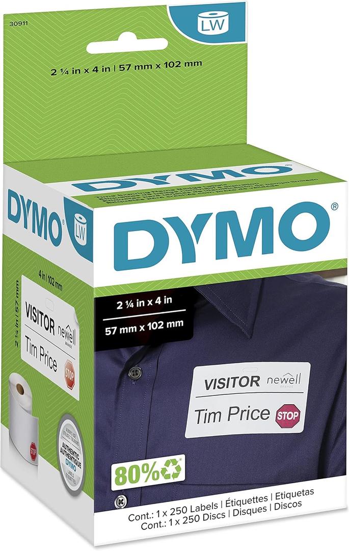 DYMO Authentic LW Name Badge Labels, 12-Hour Expiration Notification Disks, White, 2-1/4" x 4", 1 Roll of 250 - for LabelWriter Label Printers