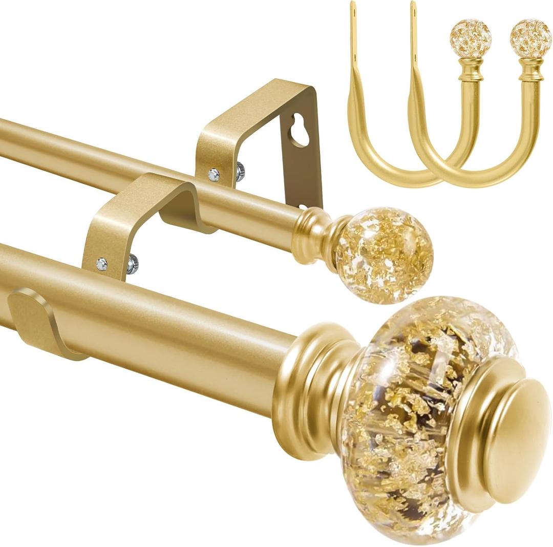 1 Inch Modern Gold Double Curtain Rod Set - Tension rods for windows 28 to 48 inchs with Holdbacks and Clear Finials -BHSRODS Home Double Window Rods for Living Room & Bedroom