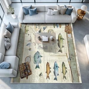 Fishing Living Room Rug 8x10 Cabin Modern Area Rugs, Machine Washable Rug for Bedroom, Low Pile Soft Large Carpet for Dining Room Office Non Slip