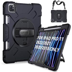 SUPFIVES 2022 iPad Pro 11 inch Case (4th Generation),Upgraded Military Grade Shockproof Silicone iPad Pro 11 4th/3rd/2nd Gen Cover Pencil Holder+ Handle+ Shoulder Strap+ Rotating Kickstand, Black