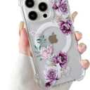DEFBSC Magnetic Case for iPhone 16 Pro Work with Magsafe, Clear Floral Flower Pattern Print Design Flexible Acrylic Shockproof Cover for Women Girls, Flower Protective Phone Case, Purple Peony