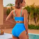 Blooming Jelly Womens High Waisted Bikini Set Tie Knot High Rise Two Piece Swimsuits Bathing Suits (Blue, L)