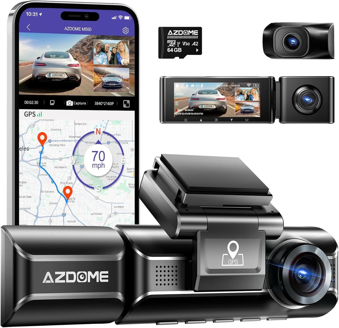 AZDOME M550 3 Channel Dash Cam, 4K+2.5K Dual Dash Camera for Cars Built-in WiFi GPS, 1440P+1080P+1440P Front and Rear Inside, 64GB Card Included, 3.19" IPS Screen, WDR, IR Night Vision, Parking Mode