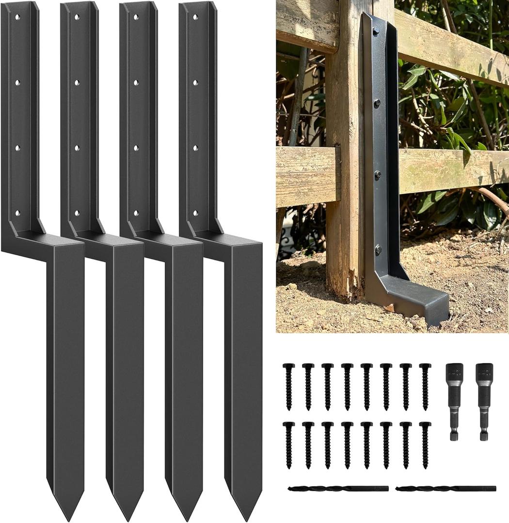 Fence Post Repair Kit - One-Piece Steel Anchors & Stakes to Quick Fix Broken/Leaning 4x4/6x6 Wood Posts Support (Thickened 11-Gauge, 4-Pack)