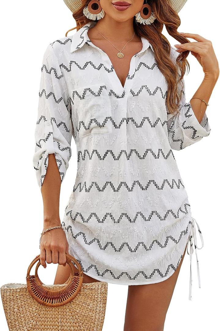 Blooming Jelly Womens Bathing Suit Cover Up Swimsuit Coverup Beach Dress Bikini Drawstring Swimwear Cover ups(Large, Color Block-White)