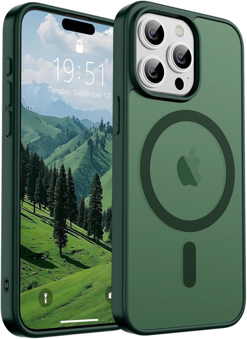 SUPFINE Magnetic for iPhone 15 Pro Case (Compatible with MagSafe) (Military Grade Drop Protection) Slim Translucent Matte Shockproof with Anti-Fingerprint Phone Case, Forest Green