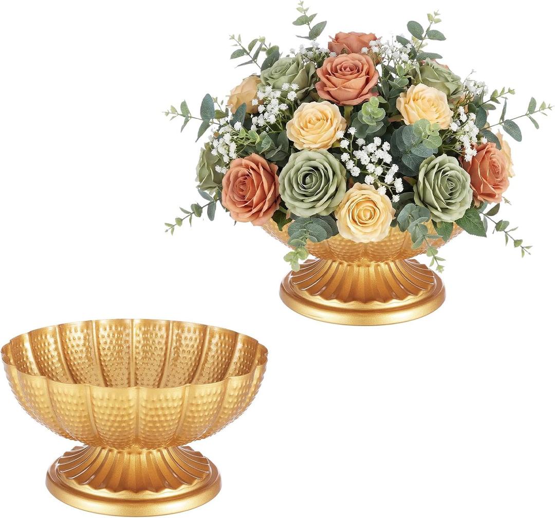 Gold Flower Vases for Centerpieces, Gold Flower Vase for Wedding Centerpieces 2 Packs Golds Metal Urn Vase for Flowers 7'' Wide 3.94'' High Distressed Golds Compote Pedestal Vases for Celebration