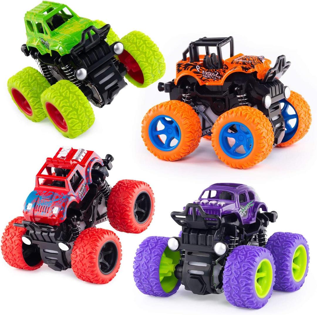 Lonandy Monster Truck Toys for Boys - Push and Go Inertia Stunt Car Toys for Toddlers Kids Age 3-8, Friction Powered Toy Cars Best Christmas Birthday Party Gift for Boys Girls 4 Pack (Purple, Orange, Green, Red)