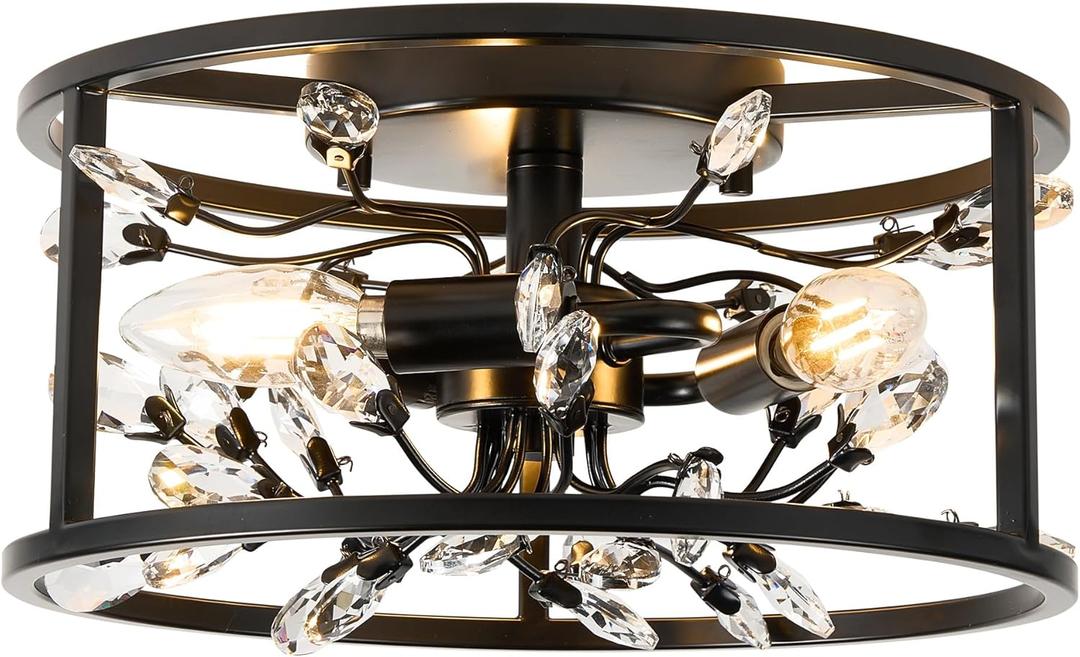 Crystal Flower Ceiling Lights - Vintage Flush Mount Ceiling Light - Black Hallway Ceiling Lighting for Bedroom Living Room C2190-BK