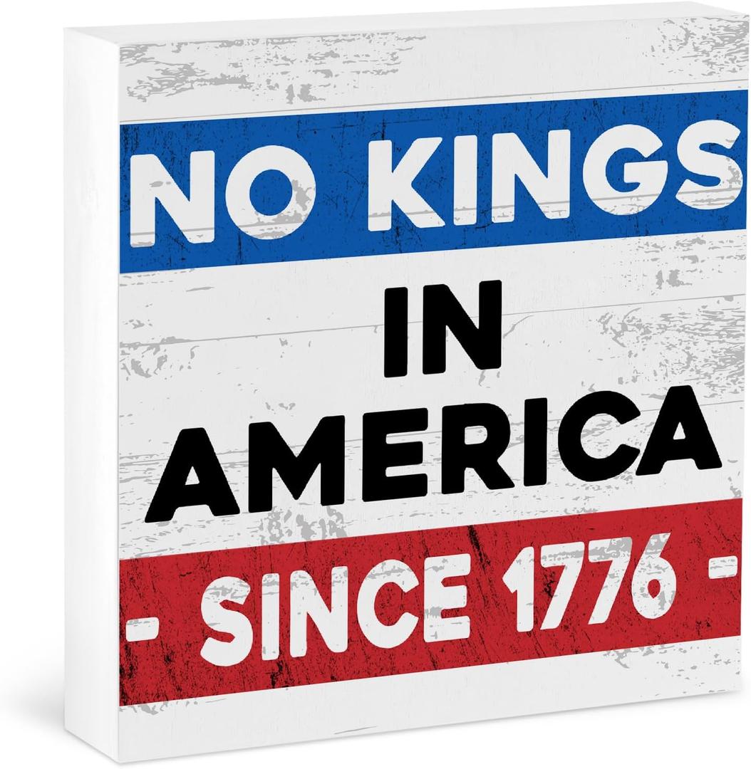 5 x GoldenFleece 4th of July Patriotic Desk Sign No Kings In America Since 1776 Square Memorial Day Decoration Independence Day Decor Rustic Retro July 4th American Flag Table Decorations Wooden Box Sign
