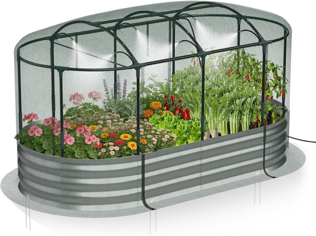 Lineware Raised Garden Bed with Self-Watering System, 6x3x1 ft Elevated Planter Boxes Outdoor with Mesh Cover, Oval Galvanized Raised Beds for Gardening,Vegetables,Flowers, Backyard, Patio