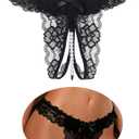 comeondear Womens Sexy Thong Cutout Panties Pearls Cheeky Underwear | Plus Size Cheeky Panties with Cute Bowknot Pearl Ball, Micro Low Waist Lace G-String, Sexy Lingerie for Women, S-3XL (Black)