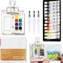Mini Watercolor Paint Set Portable, Travel Grid Paint Palette Box with Binder Clips Include Paint, Brush*3 and Picture Album Art Materials Coloring Markers for Travel, Creative Drawing Kit for Beginners and Art Enthusiasts(Clear Acrylic-S)