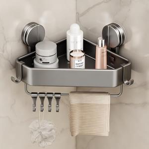 Mustorn Suction Cup Shower Caddy Corner, 1 Pack Suction Corner Shower Shelves No Drilling, Rustproof Shower Organizer Suction Cup with Towel Holder & Hooks Removable Bathroom Storage Rack(Gray)