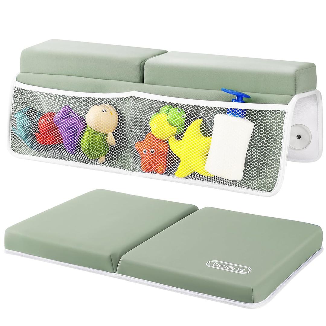 Beiens Bath Kneeler and Elbow Rest Pad Set - 1.5'' Comfortable Thick Baby Bath Kneeler Pads, Quick Dry Soft Kneeling Pad for Baby Bath Time, Non-Slip Knee& Arm Support Bathtub Mat with Toys Organizer