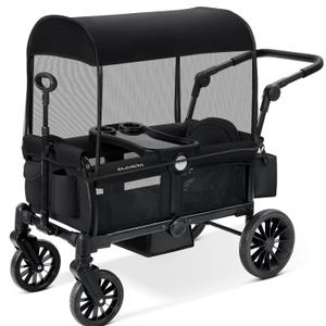 ELEMARA Stroller Wagon, 2 Seat Stroller for 2 Kids, Premium All Terrain Stroller for Kids w/Removable Canopy, Adjustable Push/Pull Handle, Large Storage Bag, Black