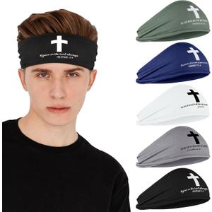 5 Pack Sports Headbands for Men Jesus Headband Cross Sweat Band Moisture Wicking Workout Headband for Running Cycling Football Yoga Hairband