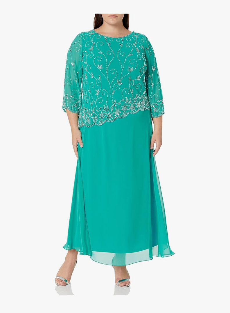 J Kara Women's 3/4 Sleeve Floral Beaded Asymmetrical Hem Top Mock Flair Dress Size 14