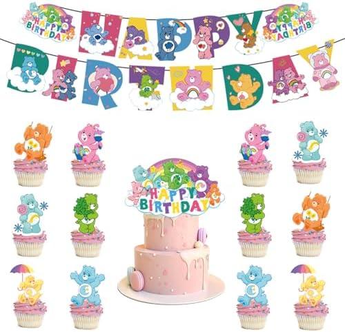 26pcs Care Cute Bear Birthday Party Supplies - Set Includes Banner, Cake Toppers, Party Decorations for Boys & Girls