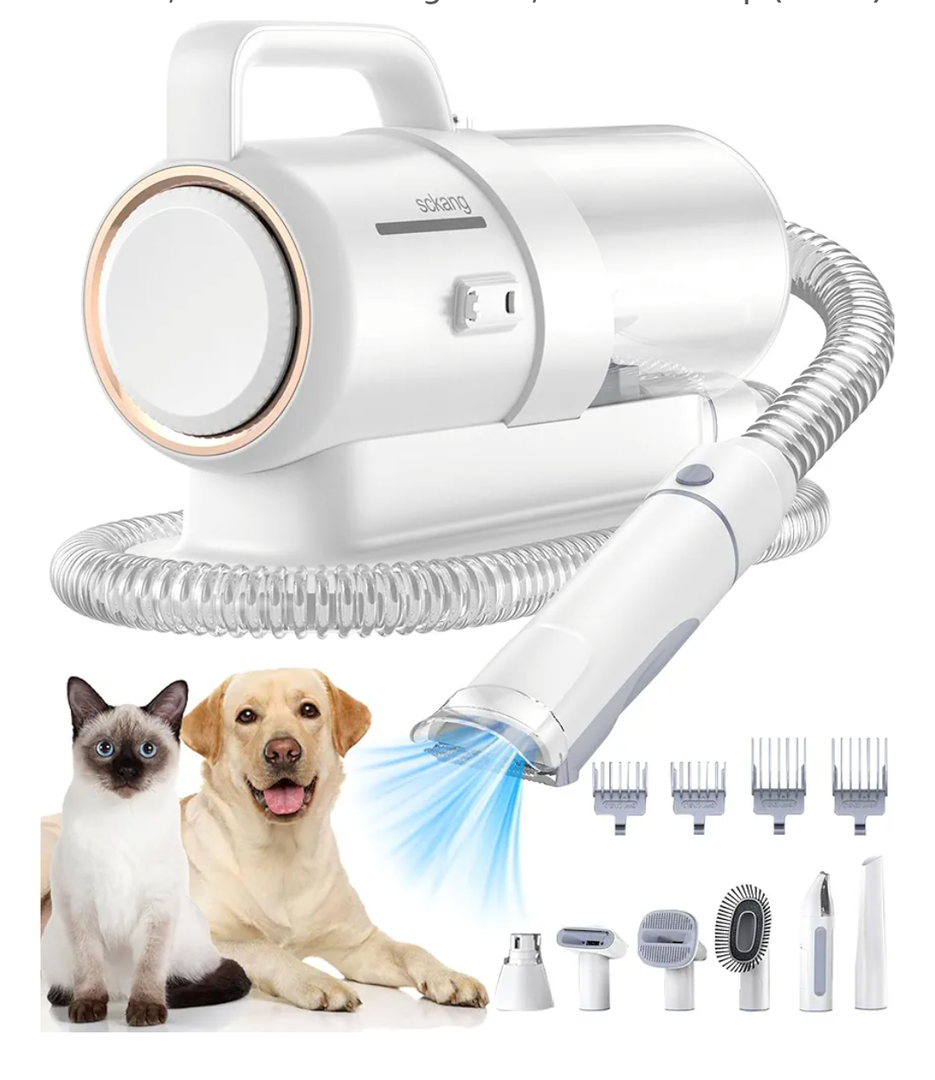 Pet Clipper & Vacuum Kit, Low Noise, 99% Pet Hair Removal, 7-in-1 Grooming Tools, 2.3L Dust Cup (White
