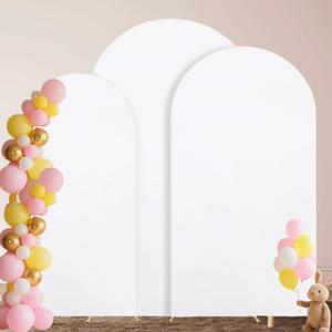 3 Pack Wedding Arch Cover, 7.2ft 6.6ft 6ft White Spandex Stretchy Backdrop, 2-Sided Round Top Fitted Fabric for Birthday Party Wedding Ceremony Bridal Baby Shower Event Banquet Decor(3 Sizes)