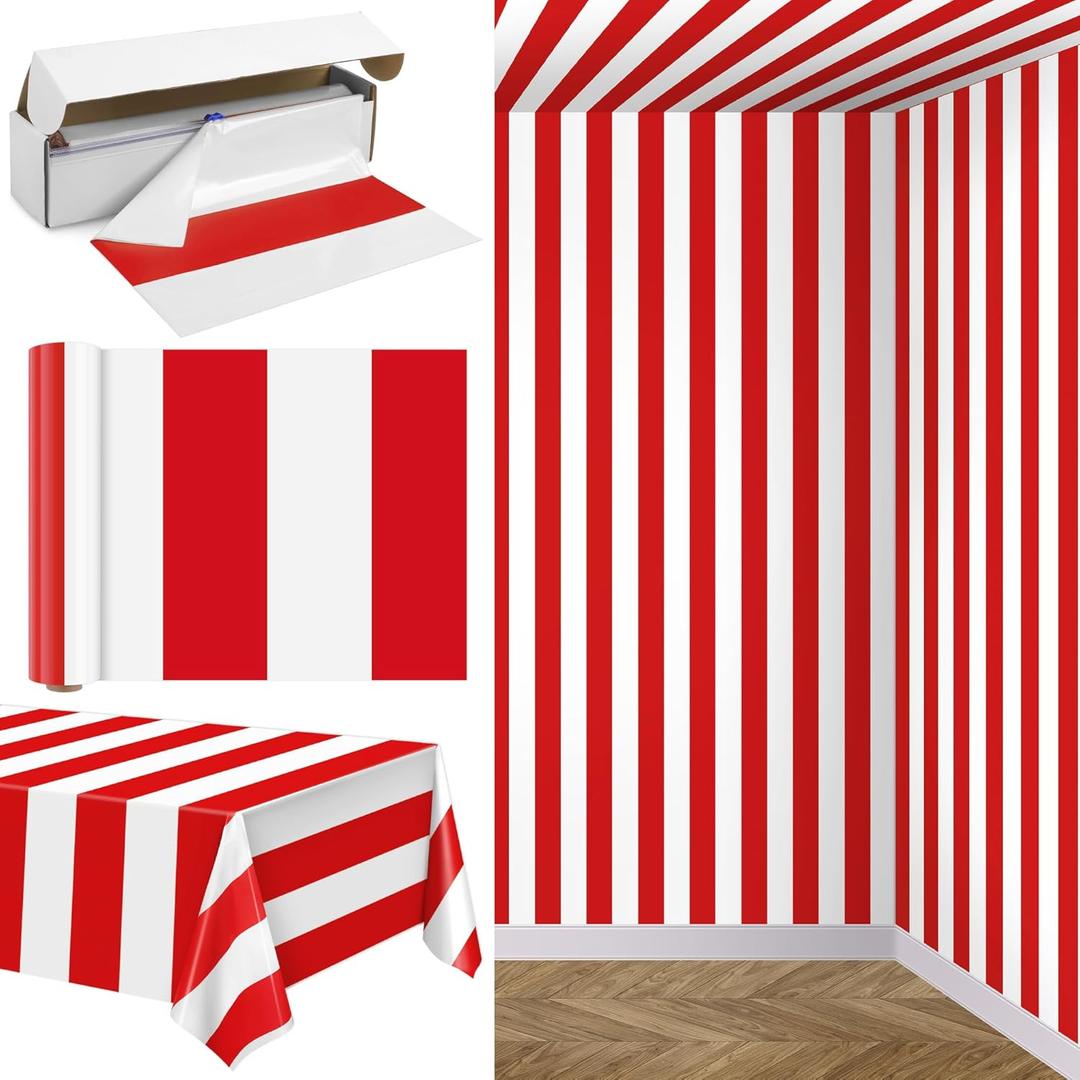 100 Ft x 54 Inch Red & White Striped Tablecloth Roll with Cutter Box Disposable Carnival Circus Tablecloth Cut to Size Table Cover Backdrop for Carnival Party Table Stage Supplies