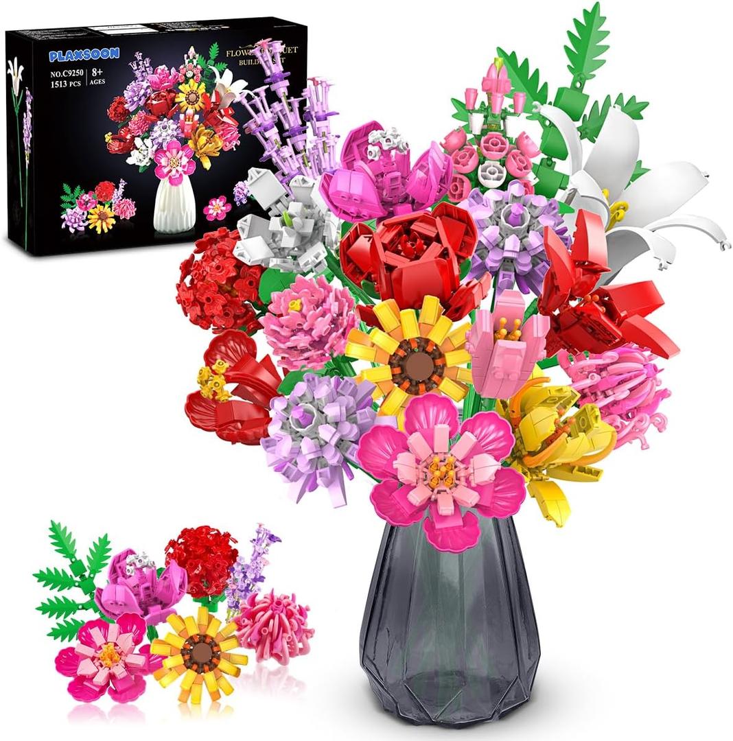 PLAXSOON Flower Bouquet Building Set, Gifts for Mothers Day Botanical Collection Building Block Toy 1464 PCS, 18 Flowers Rose Sunflower Plant for Adults Women Girls 8-12+, Office Home Decor