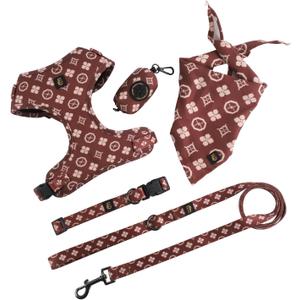 Adjustable Dog Harness, Leash, Poop Bag Holder/Dispenser and Bandana Set, No Pull, Soft Mesh Padded, for Small/Medium Dogs Outdoor Walking/Running (Medium, Chewy Pawtton)