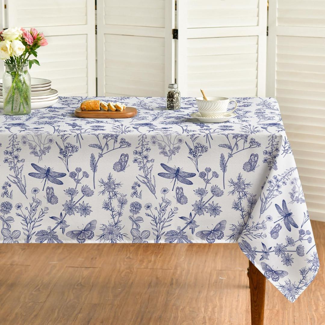 Horaldaily Spring Tablecloth 6084 Inch Rectangular, Dragonfly Wildflowers Floral Herbs Washable Table Cover for Party Picnic Dinner Decor (Blue)